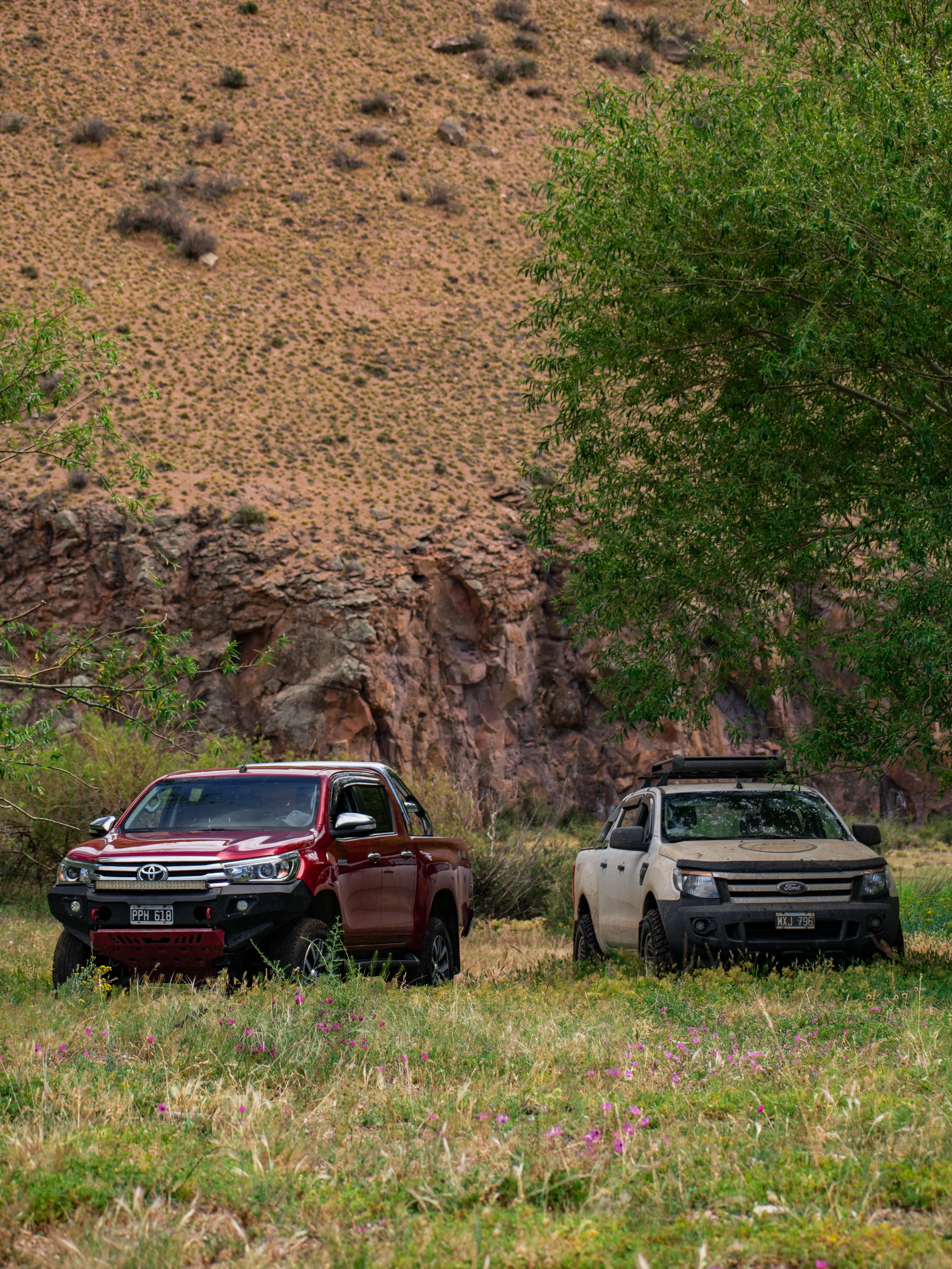 Camionetas 4x4 en un cañadón patagónico