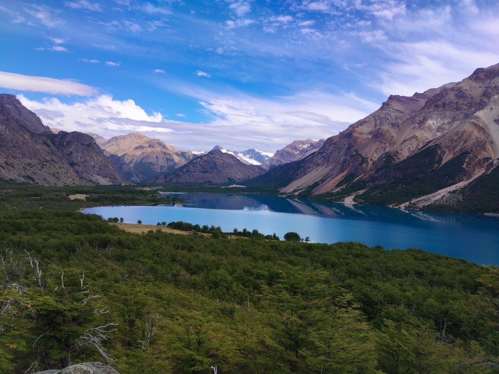 Lago patagónico rodeado de montañas y bosque