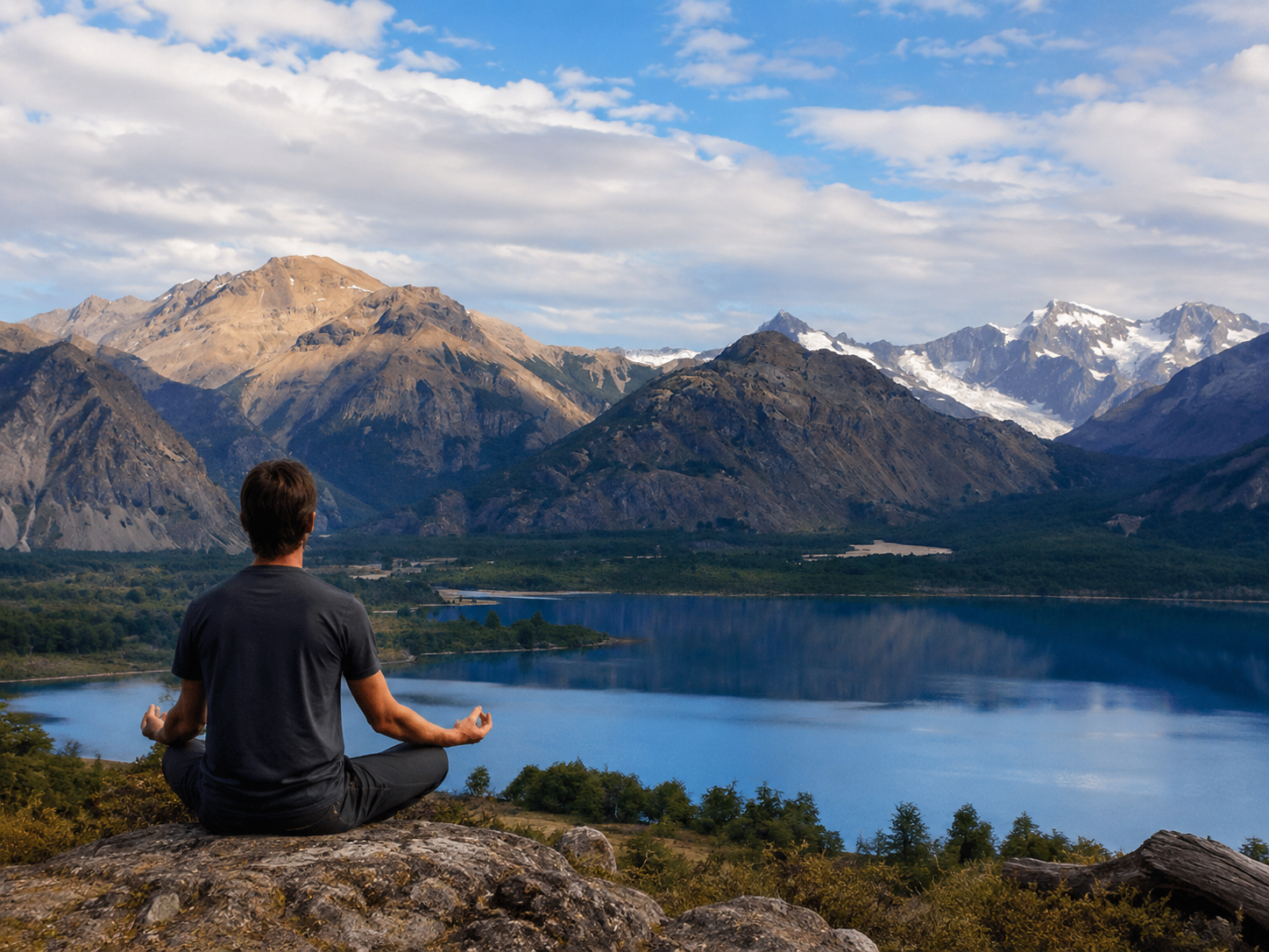 Persona meditando frente a un lago de montaña en Patagonia